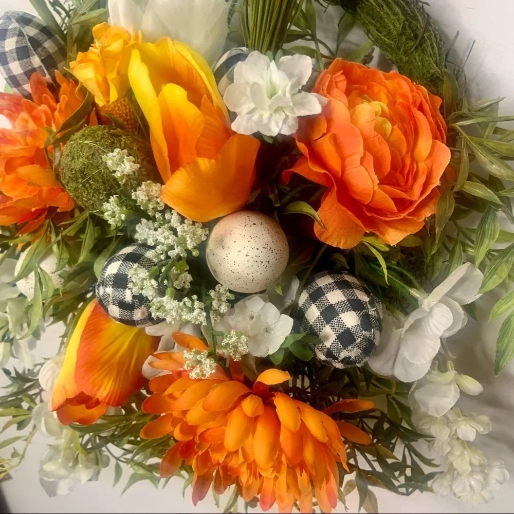 Easter Bunny Shaped Moss Floral Spring Orange Wreath Farmhouse Black White Plaid